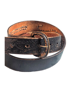 Vintage Embossed Scorpion Western Leather Belt Black Brown Sz 36